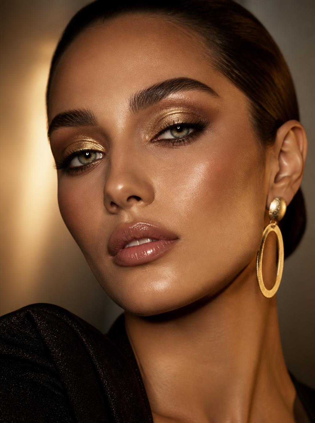 Editorial avondmake-up met gouden tinten